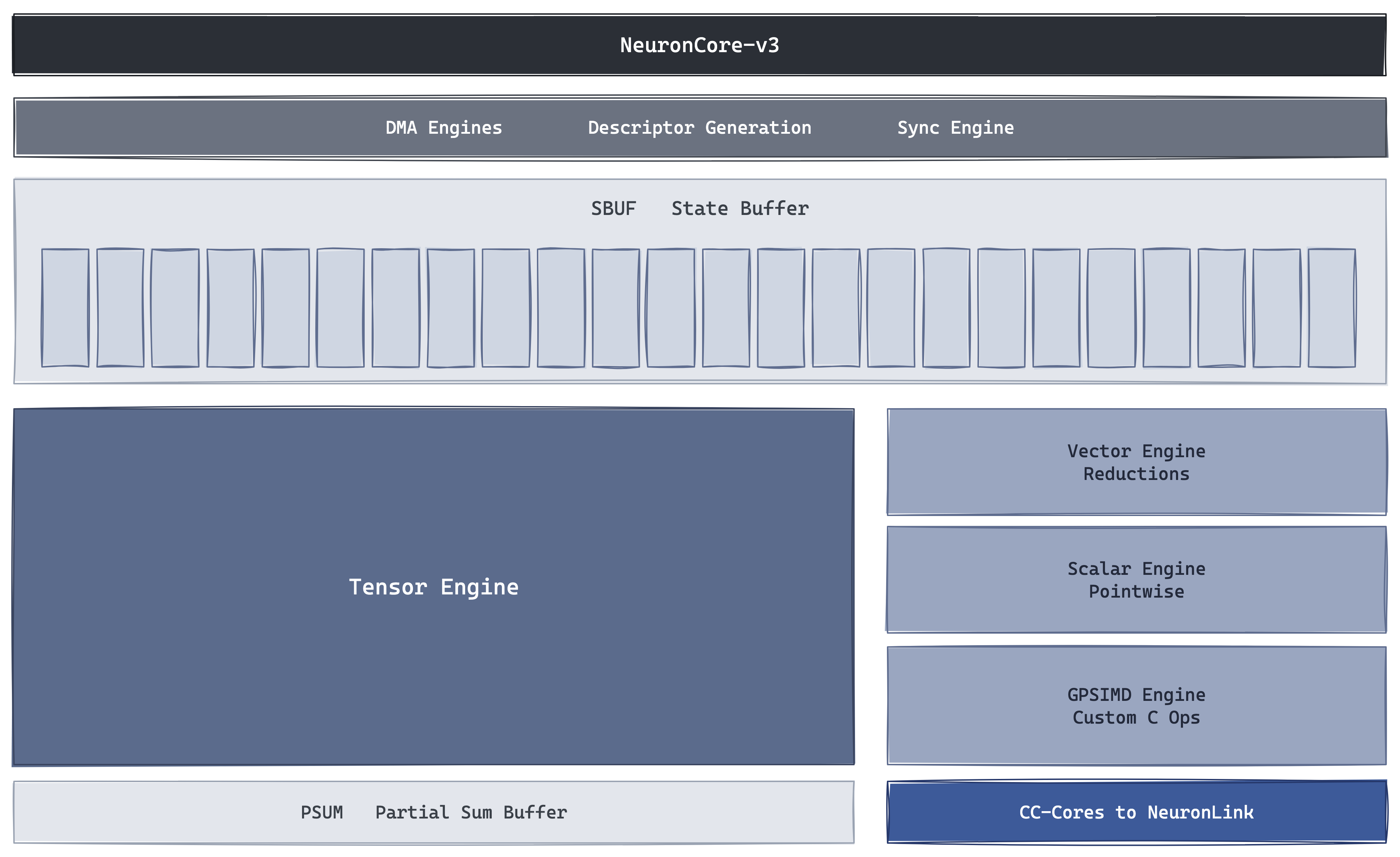 放大的一个 NeuronCore-v3 — 128×128 weight-stationaryTensor Engine 位于中心，从 SBUF 状态缓冲区（128 个分区）馈送 operand，并将部分和排入小型 PSUM accumulator。vector、scalar 和可编程 GPSIMD 引擎在同一个 SBUF 上并行运行；来自 HBM 的 128 个 DMA 引擎和一个同步引擎级块，以及一组 CC-Core 驱动 NeuronLink 端口，以便在计算的同时进行集合。
